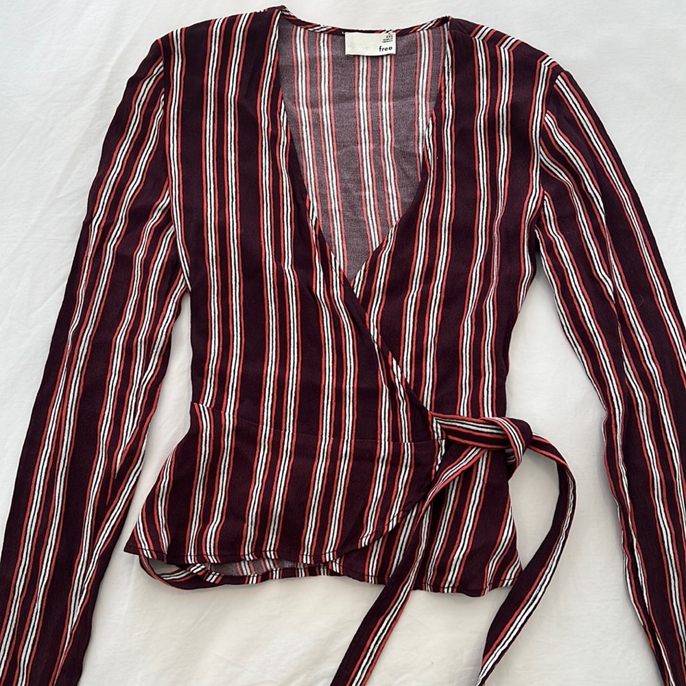 Aritzia Wilfred Free Striped Wrap Top Long Sleeve | XXS | Burgundy